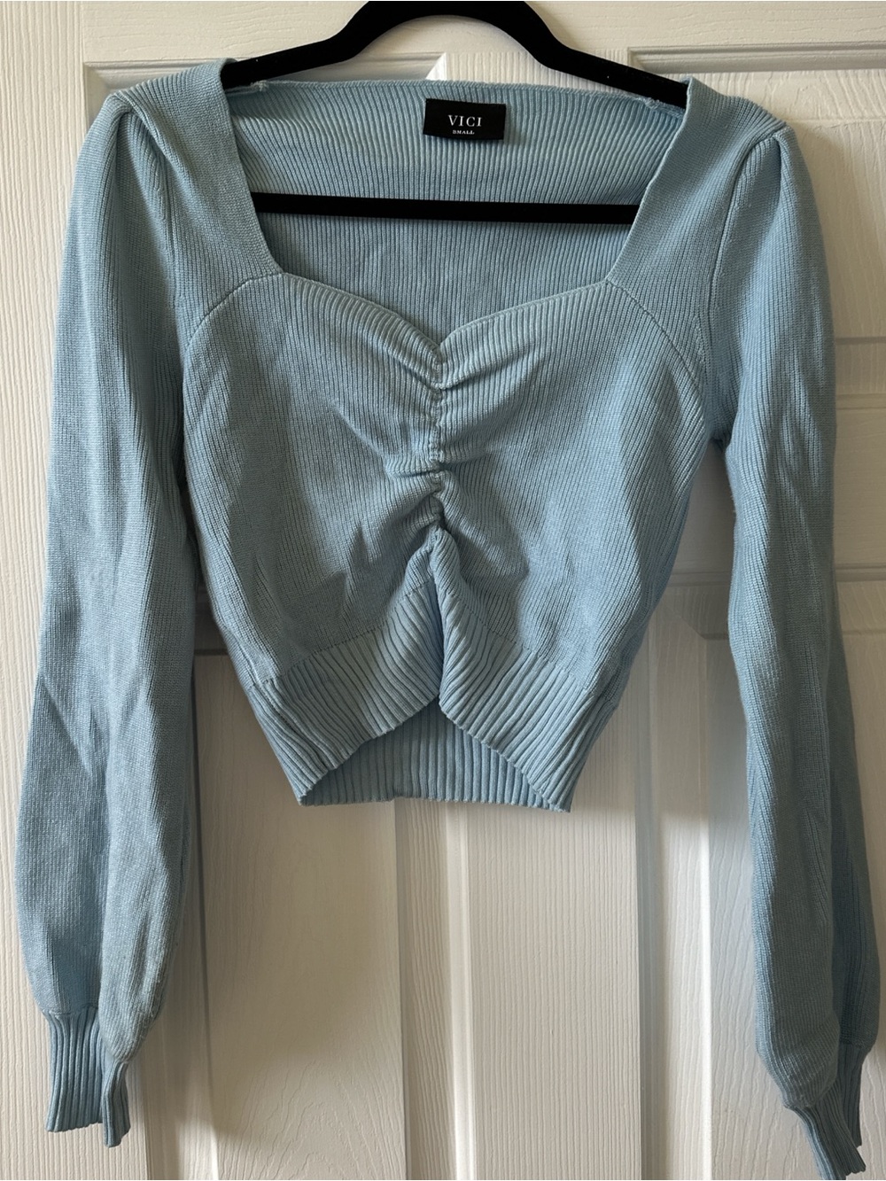 VICI Pastel Blue Ruched Square Neck Cropped Top
